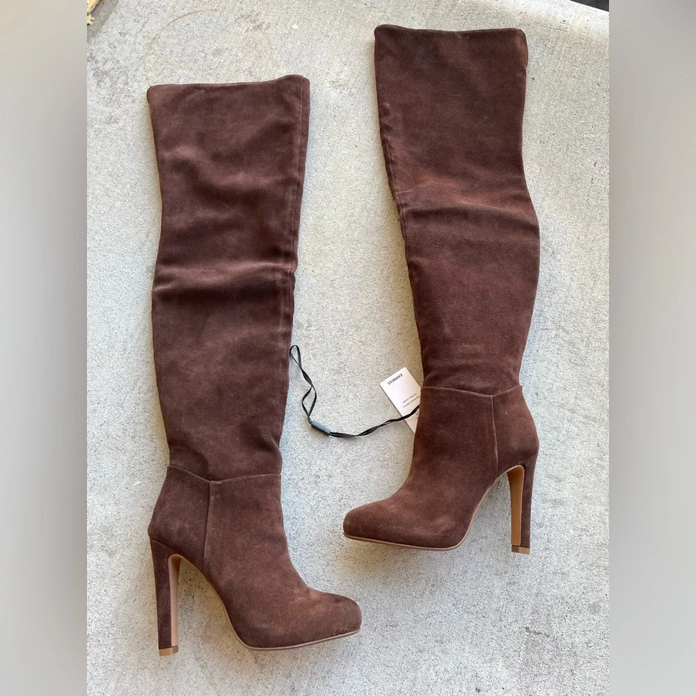 NWT Express Brian Atwood Suede Over The Knee Chocolate Brown Heeled Boots 6 Glam